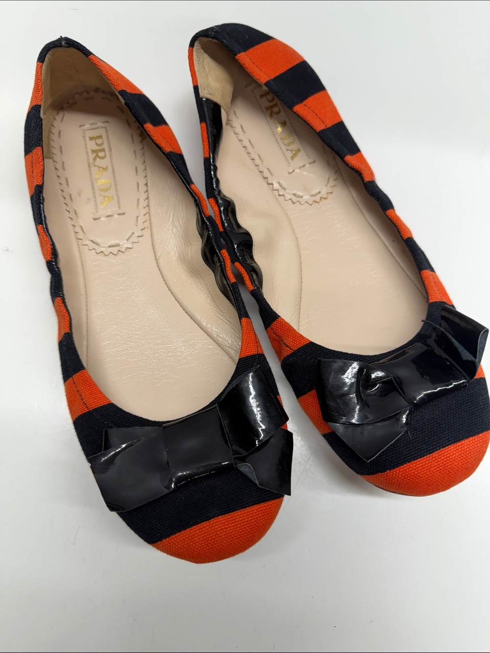Prada Ballet Flats Slip On Shoes Striped Bow Fabric Leather Orange Black 9.5